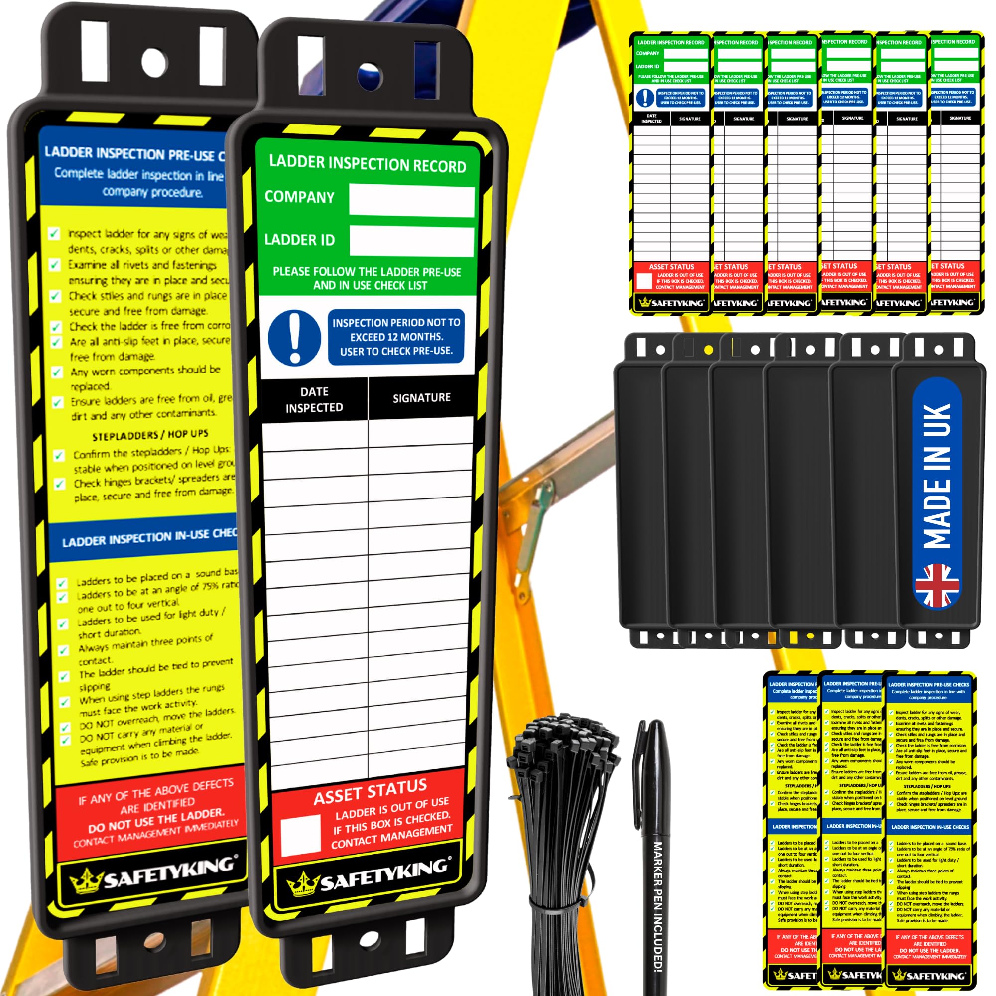 SAFETYKING® Ladder Tags, Ladder Inspection Tags, 10 Holders, 15 Inspcetion Insert Stickers, 20 Cable Ties, 1 Marker Pen, Ladder Tag kit with Cable Ties and Marker, Laddertag, Laddertags.