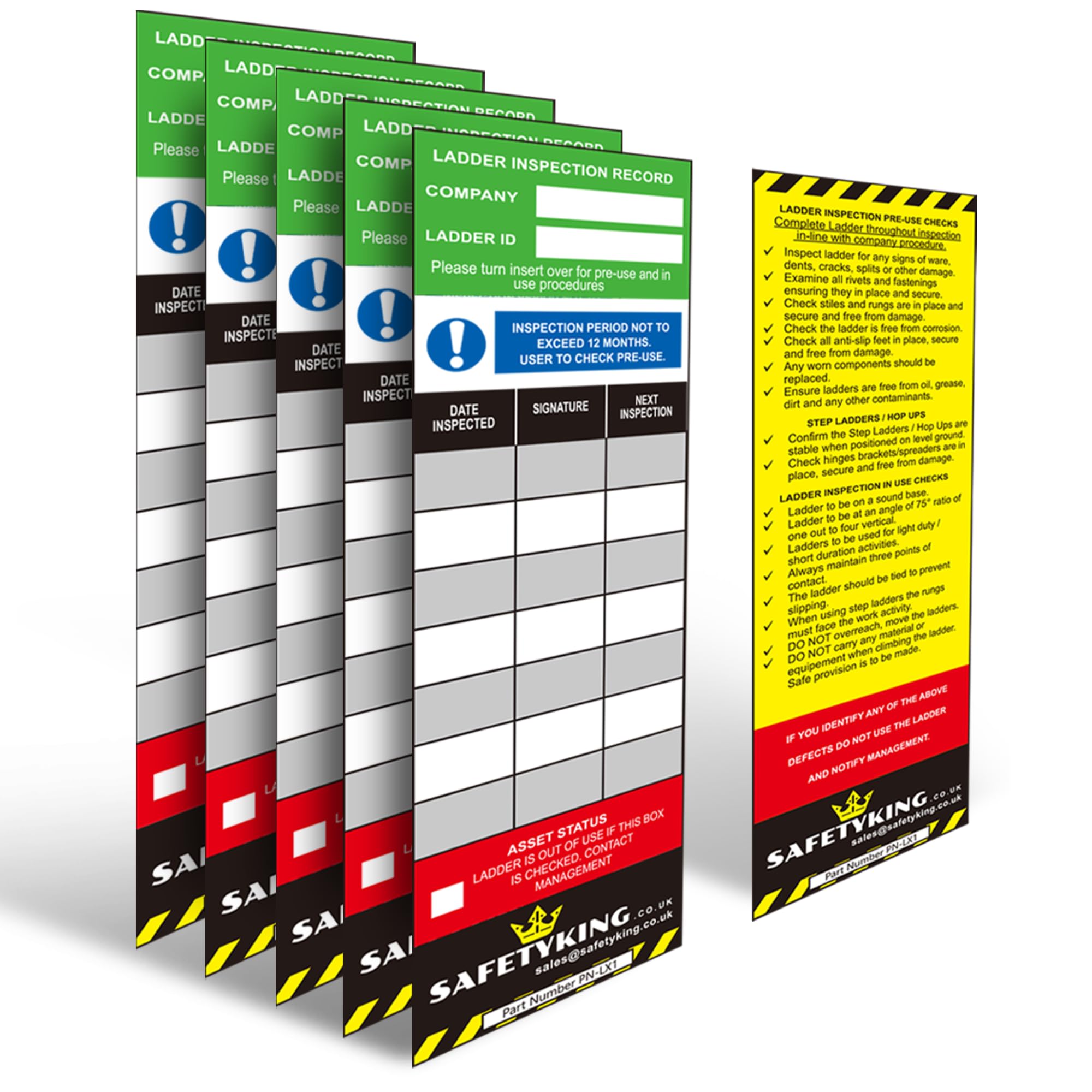 SAFETYKING® Ladder Tags 5 Inserts – Safety Ladder Inspection Tags with Cable Ties- Complete Tools kit with Marker & Label - Durable - Suitable for Indoor & Outdoor Use