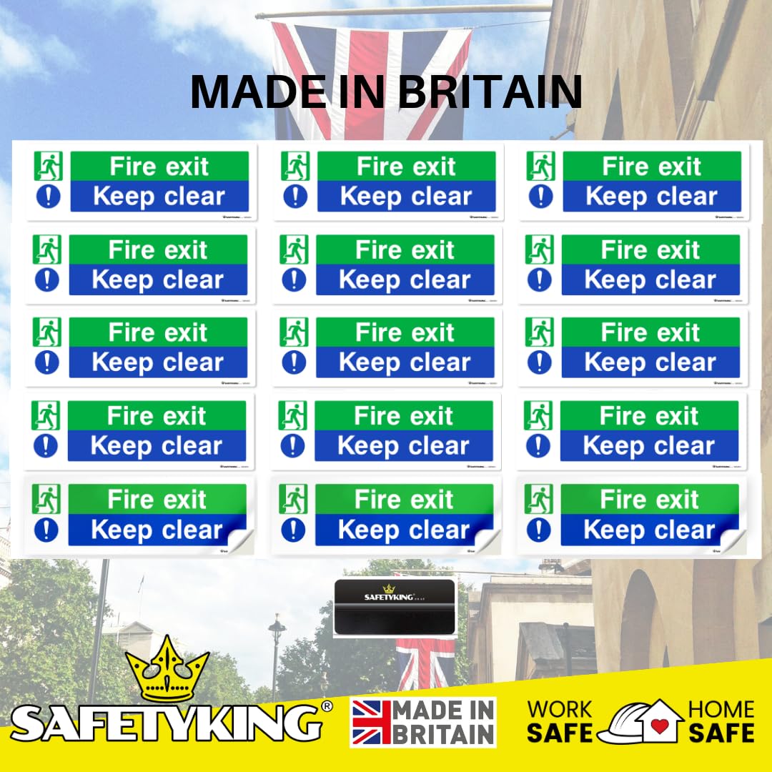 SAFETYKING® 16 Piece Fire Exit Signs | Fire Exit Keep Clear Sticker | 30 cm x 10 cm Self Adhesive Sticker | Fire Exit Signs | Fire Exit Stickers | Fire Exit Safety Pack | Running Man Fire Exit Sign
