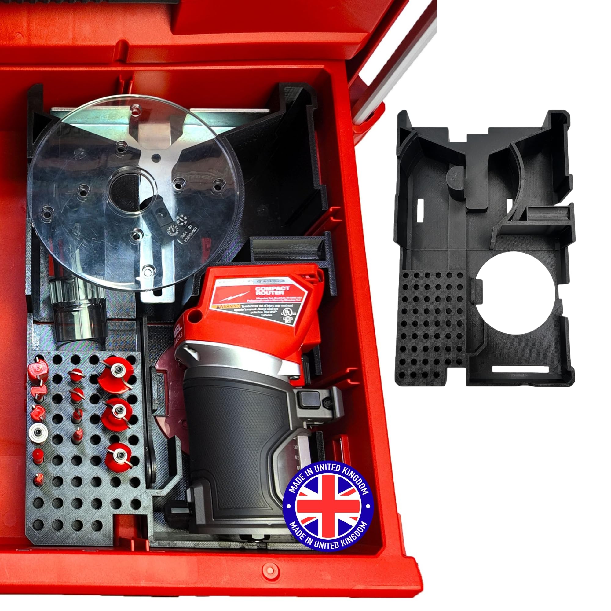 Milwaukee compatible Packout M18 Router Organizer for Milwaukee Packout 2 and 3 Drawer Tool Boxes – Precision Rigid Insert (Insert Only, Tools & Box Not Included) – Made in UK